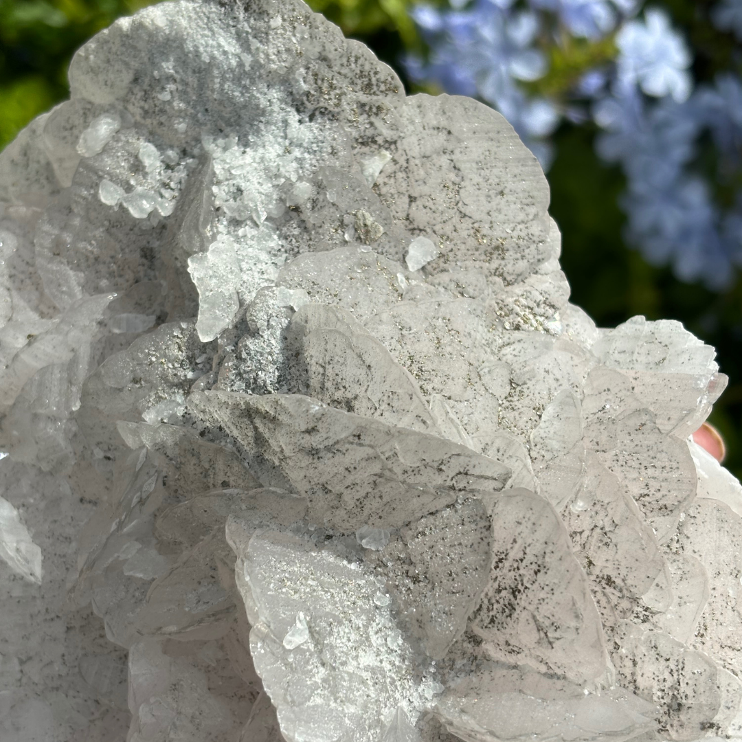 Pink Bladed Manganoan Calcite Specimen (Fluorescent) with Pyrite