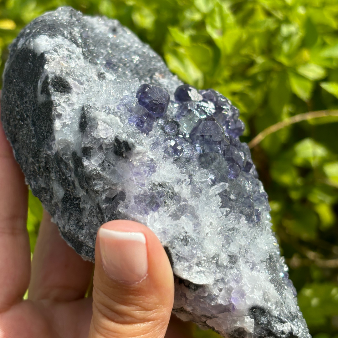Purple Blue Polyhedral Fluorite Cluster with Clear Quartz (AKA Tanzanite Fluorite)